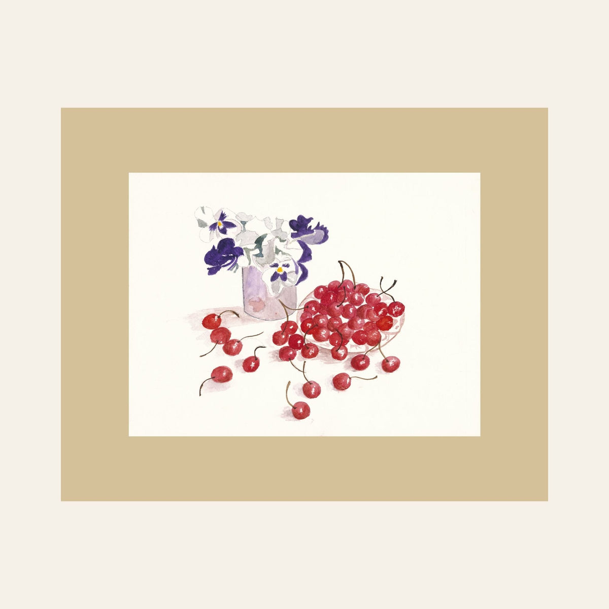 Cherries & Pansies — Framed Fine Art Paper Print