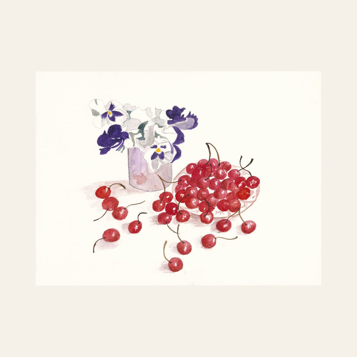 Cherries & Pansies — Framed Fine Art Paper Print