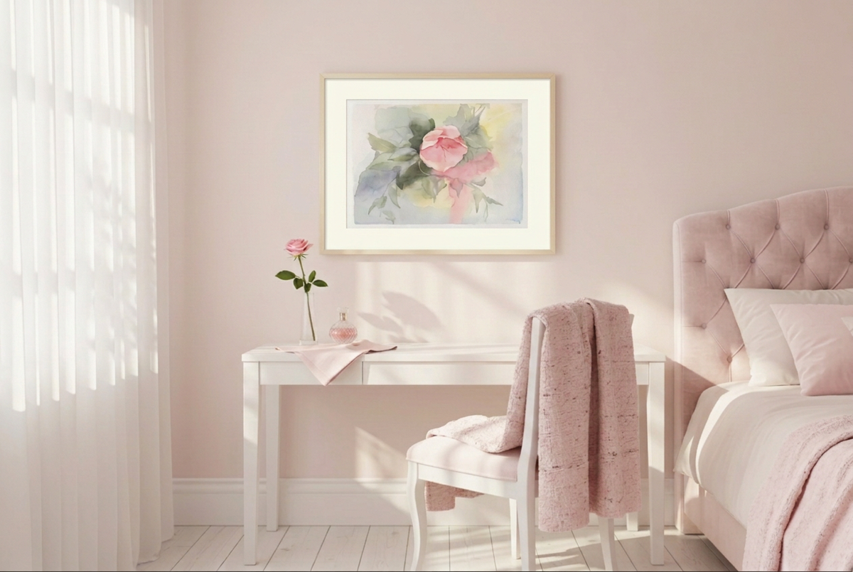 Bedroom revision with paler blush fabrics and slimmer natural-wood moulding