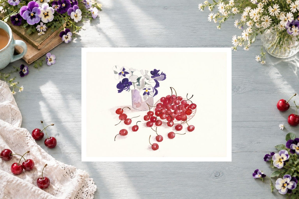 Cherries & Pansies — Unframed Fine Art Paper Print