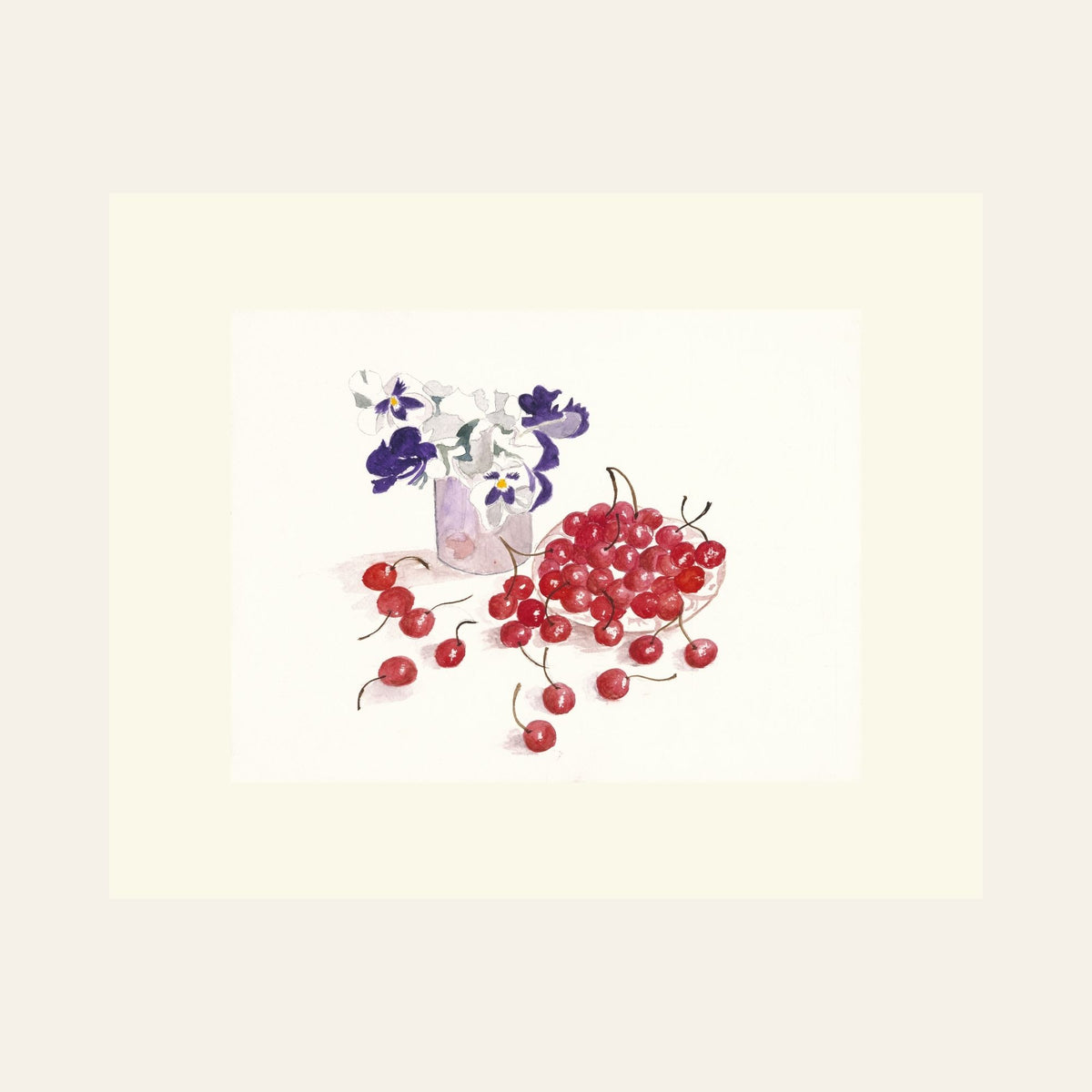 Cherries & Pansies — Framed Fine Art Paper Print