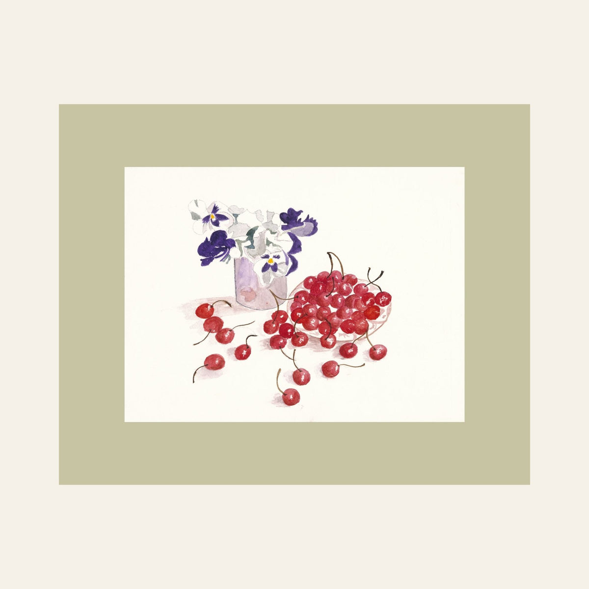 Cherries & Pansies — Framed Fine Art Paper Print