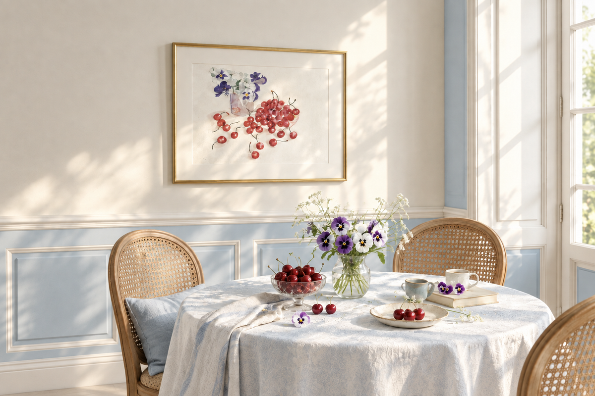 Cherries and Pansies room scene with powder-blue accents