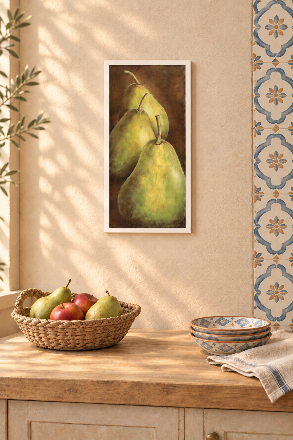 Go Pear Shaped room scene with lighter wall and mixed fruit basket
