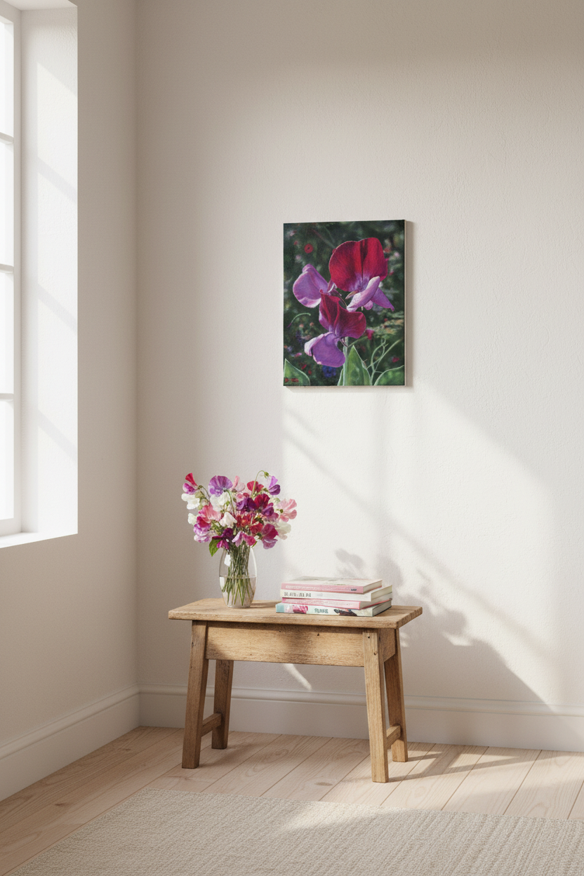 Sweet Peas — Original, bright with vase