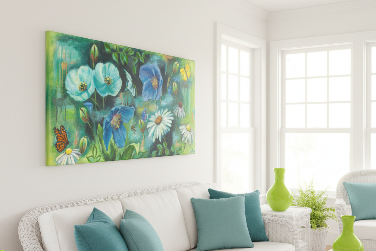 Where the Pollinators Dance — No Glare, Teal Pillows, Lime Vase